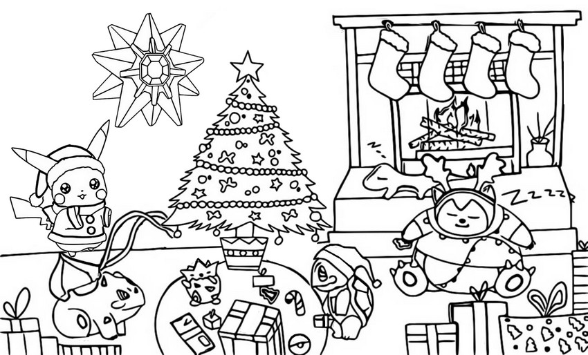 Coloring page Christmas tree and fireplace