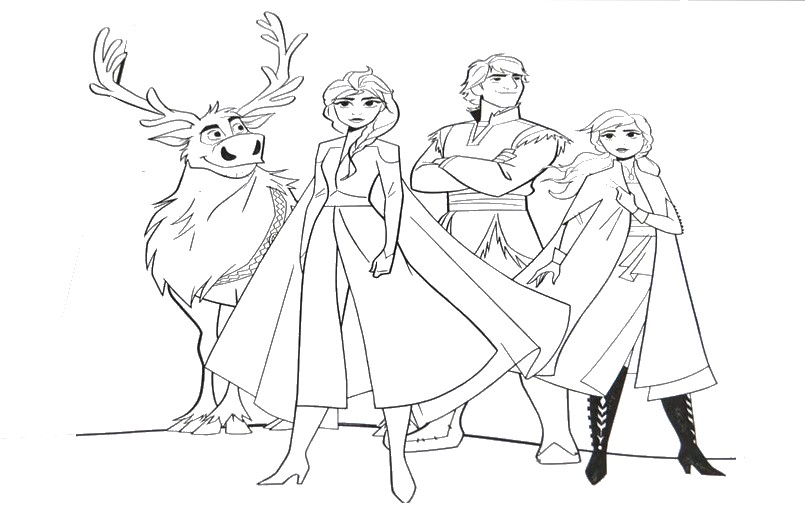 Coloring page Anna, Elsa, Kristoff and Sven