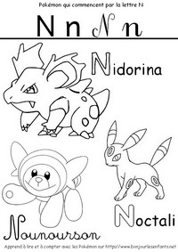 Feuille de coloriage - Les Pokémon qui commencent par N: Nidorina, Nounourson, Noctali - J'apprends les lettres de l'alphabet avec les Pokémon