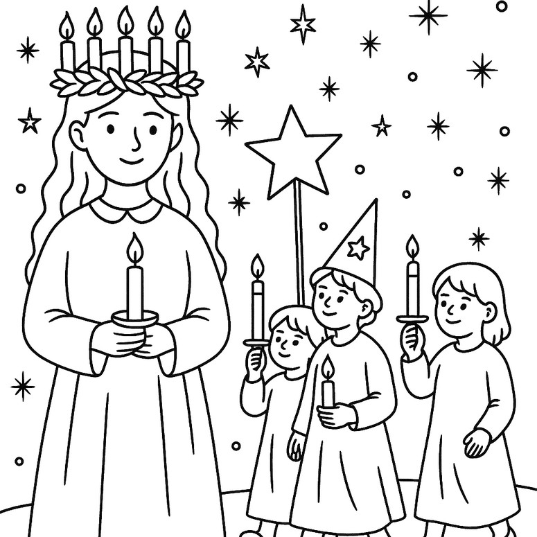 Malvorlagen Die leuchtende Prozession - Luciafest