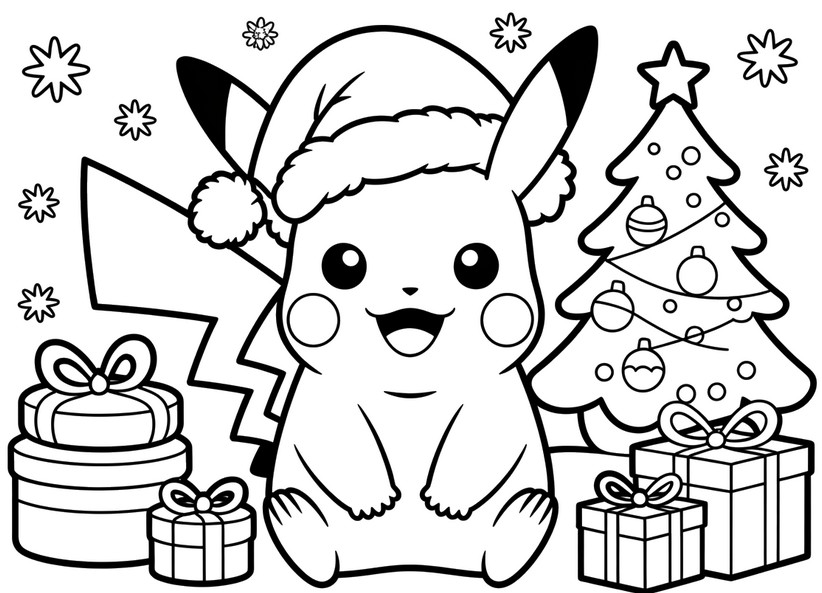 Obrazek do kolorowania - Pikachu - Pokémon - Boże Narodzenie