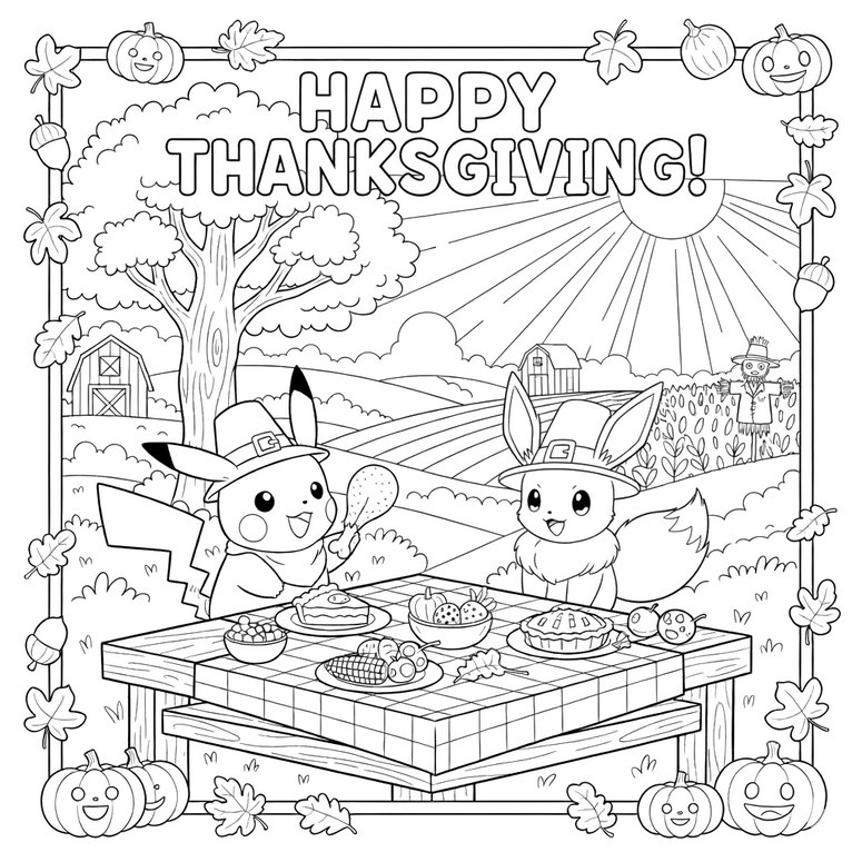 Obrazek do kolorowania - Pikachu i Eevee - Thanksgiving