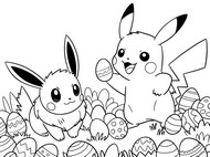 Dibujo descargable - pikachu y eeve - Pokémon de Pascua