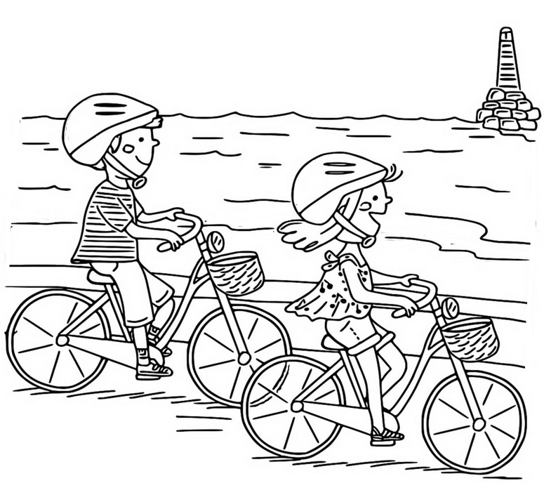 Coloring page By bike by the sea