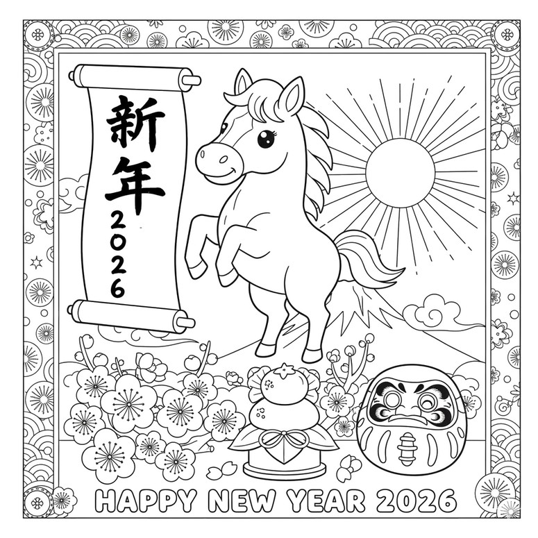 Printable coloring - 2026, Year of the Horse - Japanese New Year