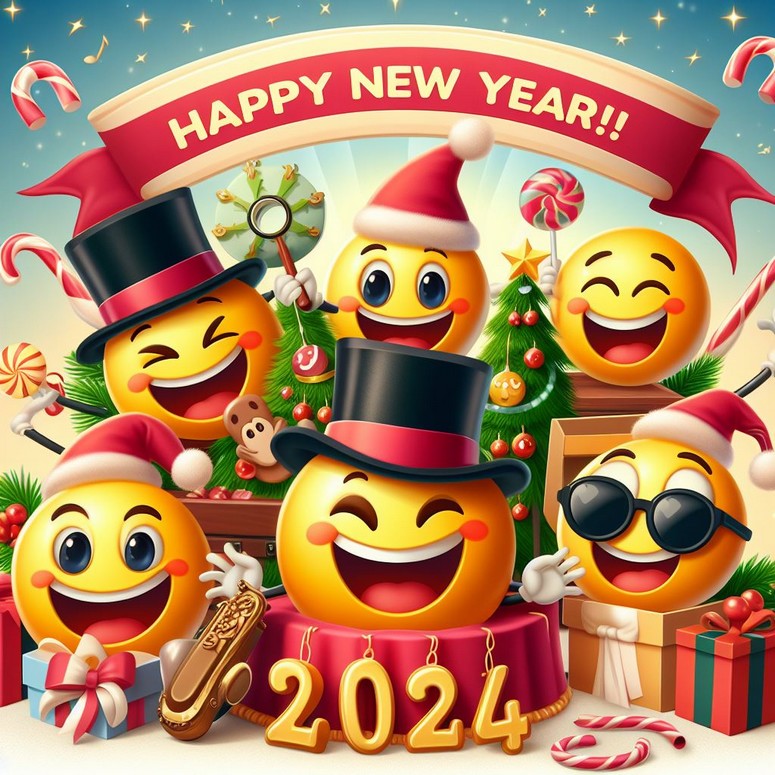 Coloring page Smileys - Happy New Year 2024 - greeting cards