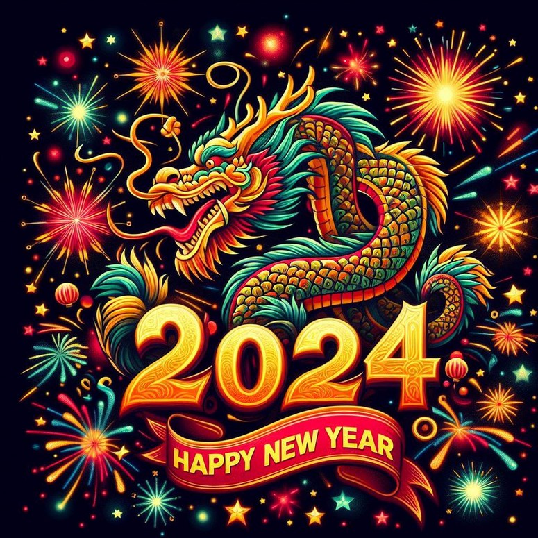 Coloring page 2024 year of the dragon - Happy New Year 2024 - greeting cards