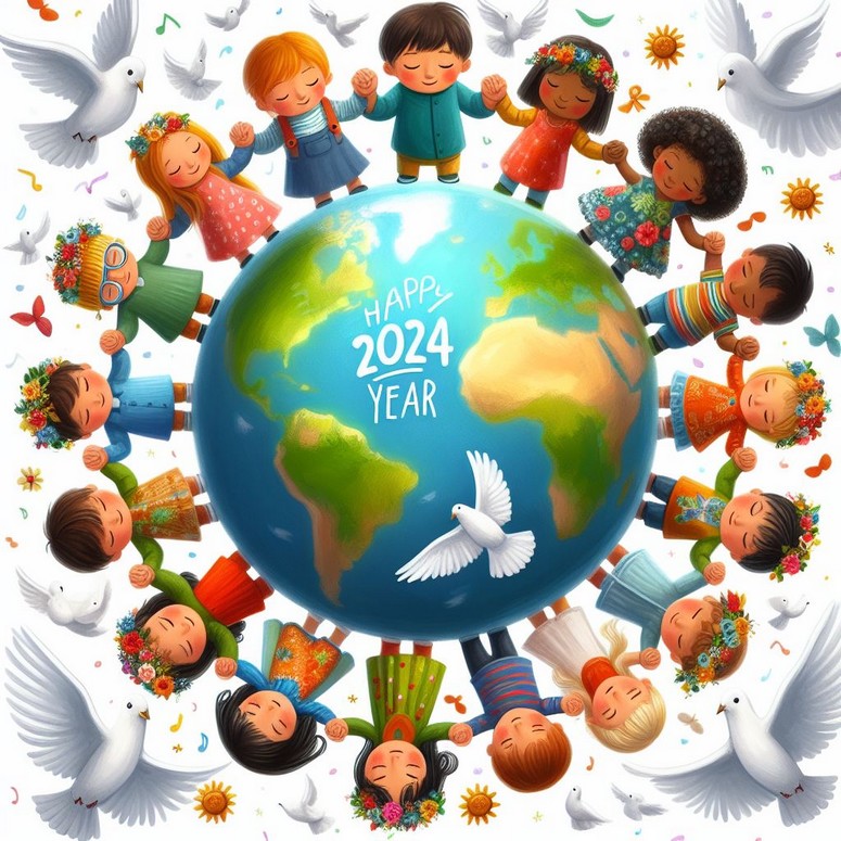 Coloring page Children. Peace. - Happy New Year 2024 - greeting cards