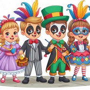 Dibujo para imprimir - Niños disfrazados de carnaval - Feliz año nuevo 2024 - Tarjetas de felicitación