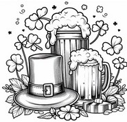 Imagen para colorear - Cerveza, sombrero y trébol de cuatro hojas - Día de San Patricio