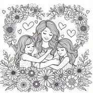 Imagen para colorear - Mamá y sus dos hijas - Día de la Madre