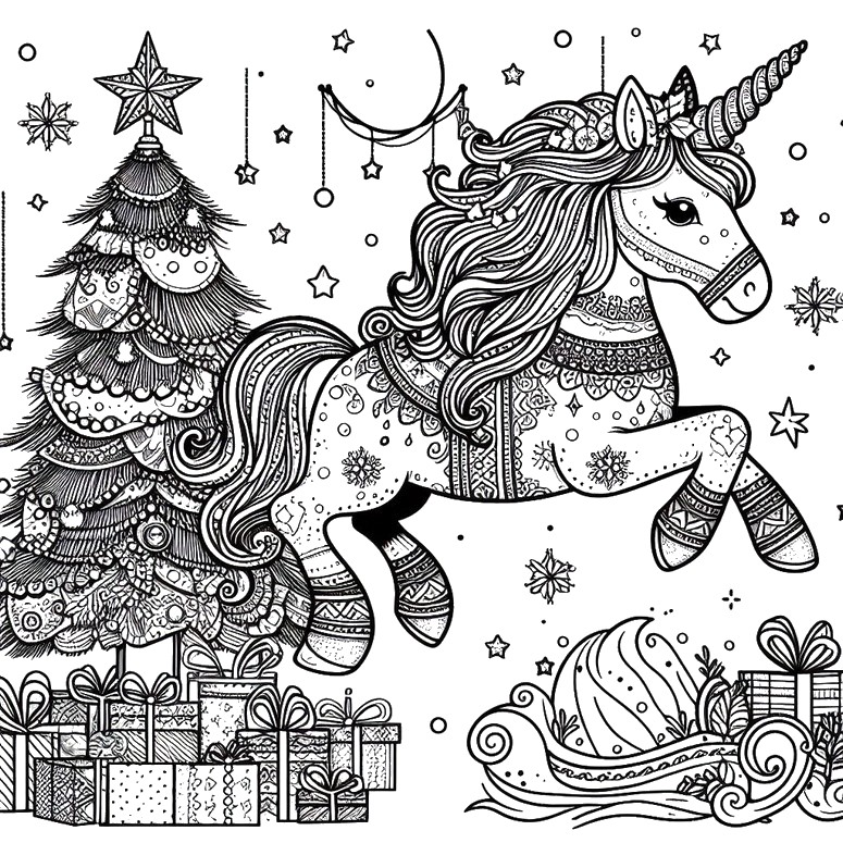 Coloring page Christmas tree and gifts