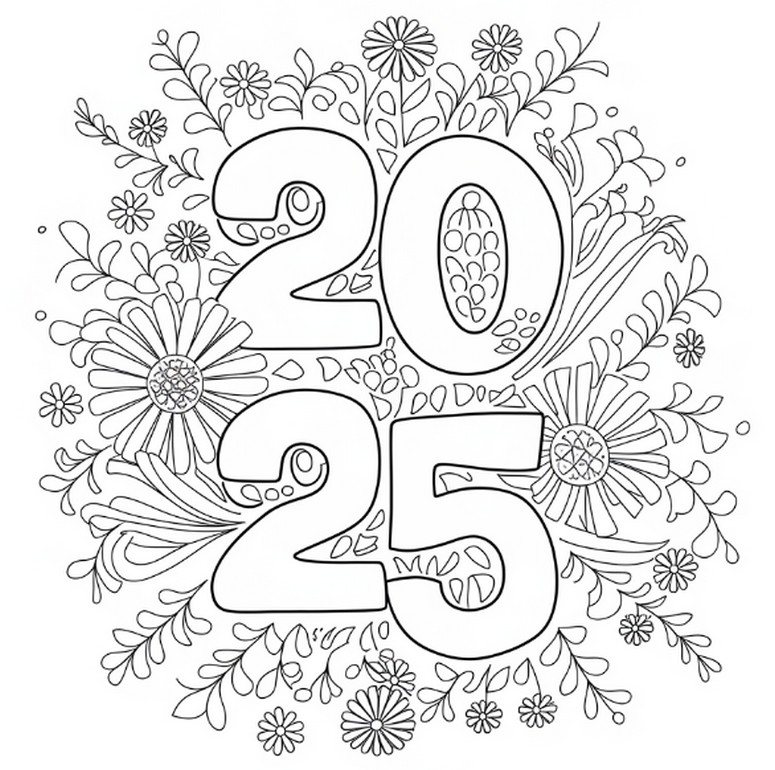 Coloring page Happy New Year 2025 : Flowers 04