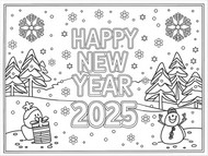 Lámina para colorear - paisaje nevado - Feliz año nuevo 2025