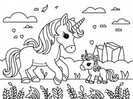 Hoja para colorear - Una madre y su pequeño - unicornios