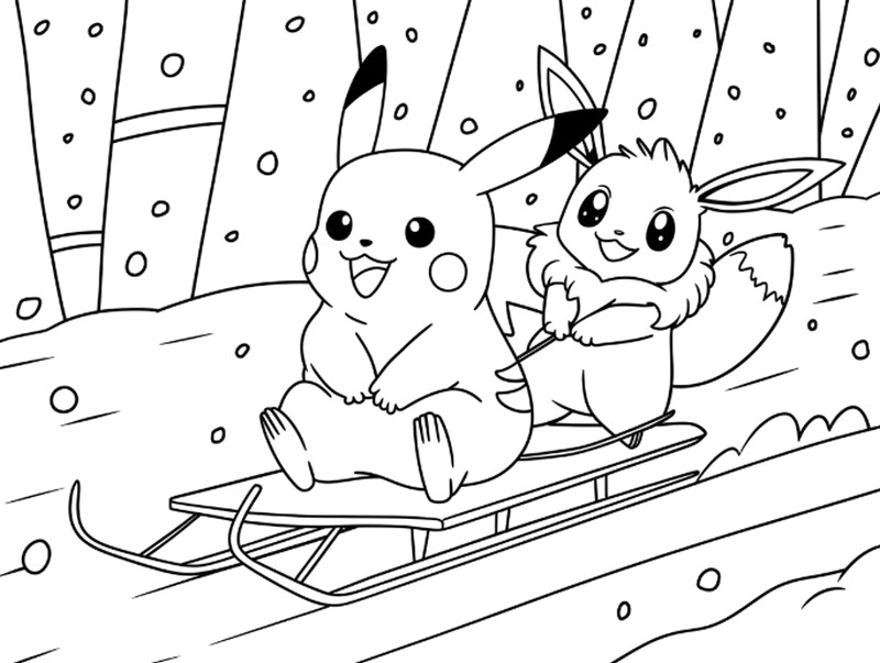 Desenho para colorir Trenó Pikachu e Eeve