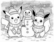 Målarbild att skriva ut - Pikachu och Eeve - Pokémon - Vinter