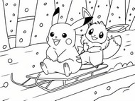 Målarblad - Pikachu & Eeve pulka - Pokémon - Vinter