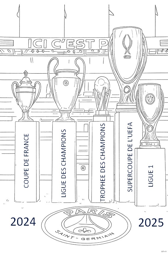 Downloadable coloring - 5 trophies - 2024/2025 season - PSG Paris-Saint-Germain