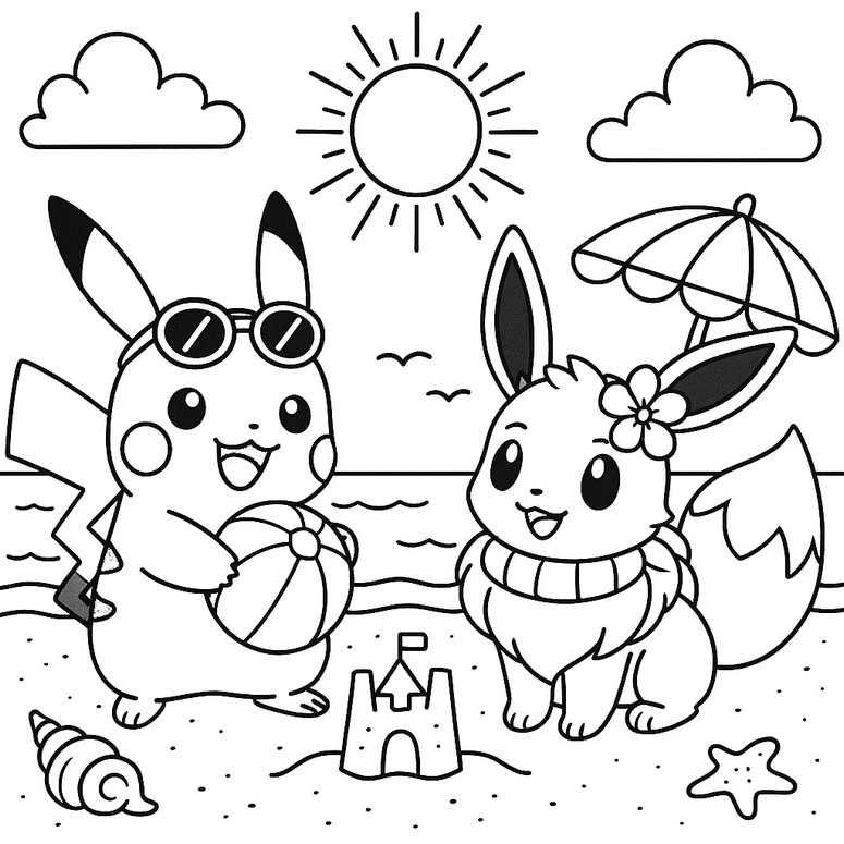 Coloring page Pikachu and Eevee at the beach