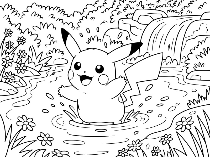 Målarbok Pikachu leker i floden
