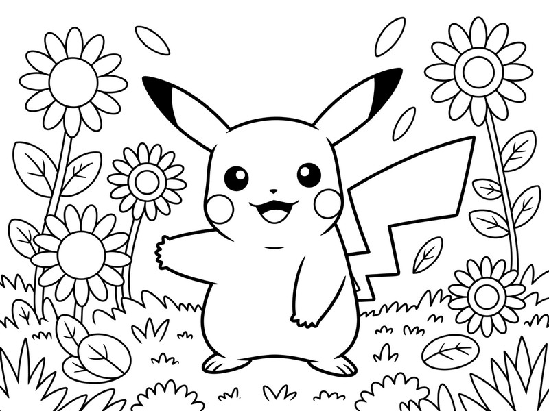 Målarbok Pikachu i trädgården