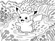 Målarbild att skriva ut - Pikachu leker i floden - Pokémon - Sommar