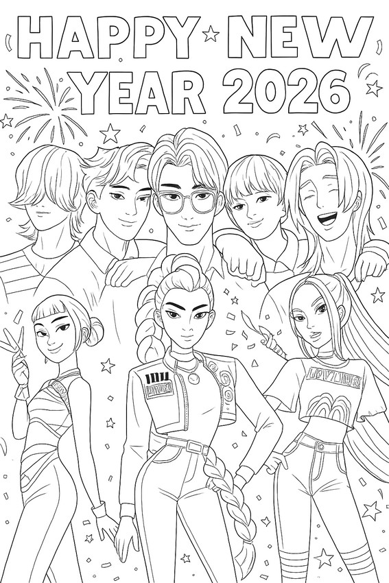 색칠 그림 - 새해 복 많이 받으세요 2026! - KPop Demon Hunters