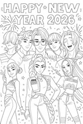색칠할 그림 - 새해 복 많이 받으세요 2026! - KPop Demon Hunters