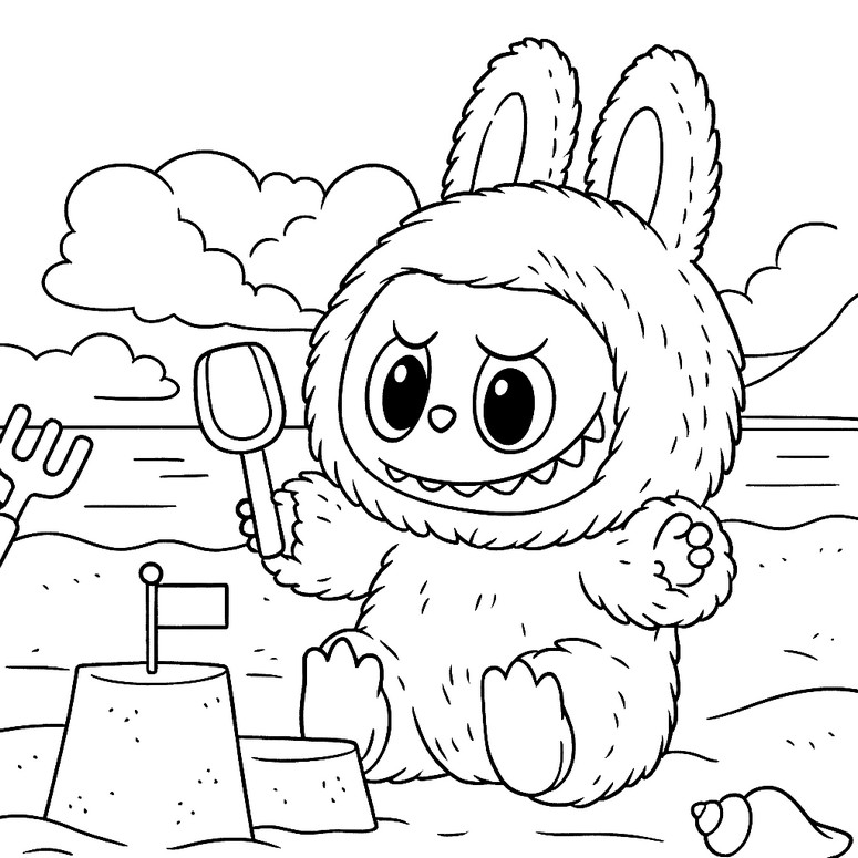 Hoja para colorear - Baba en la playa - Labubu