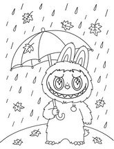 Printable coloring - In the rain - Labubu in autumn