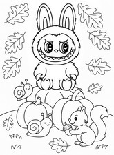 Downloadable coloring - Pumpkins, snail and squirrel - Labubu in autumn