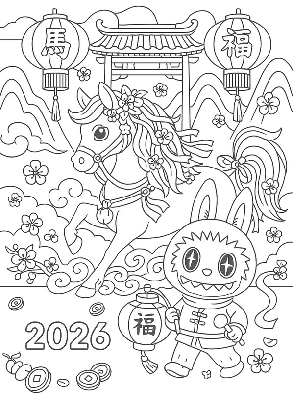 Kolorowanka - 2026 Année du cheval - Labubu - Szczęśliwego Nowego Roku