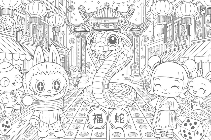 Feuille de coloriage - Célébration du serpent riche - Labubu - Bonne année