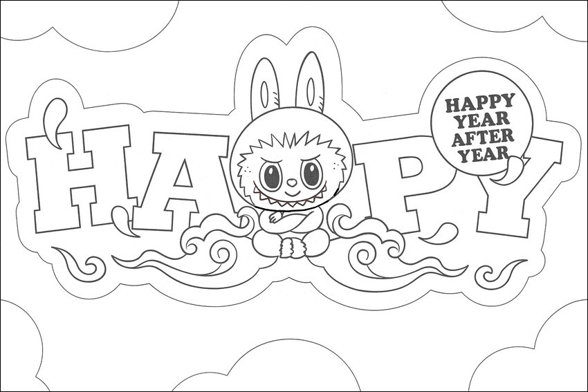 Dessin à colorier - Happy year after year - Labubu - Bonne année
