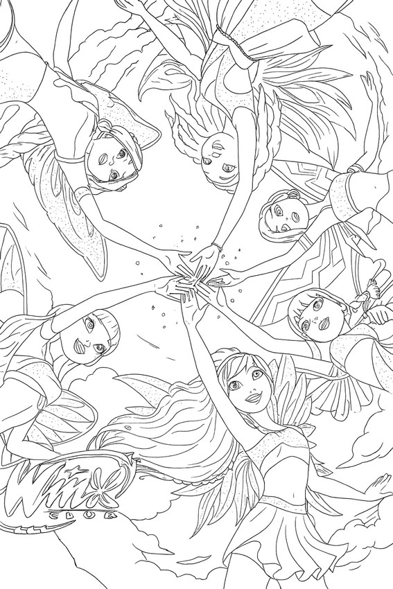 Kleurplaat om te downloaden - De feeën verenigd in de lucht - Winx Club: The magic is back