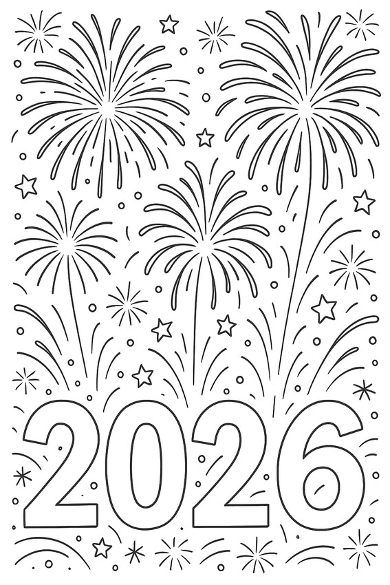 色塗り用イラスト - 花火 - 2026年明けましておめでとうございます