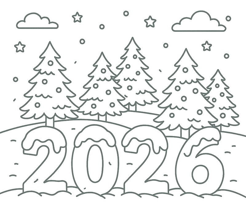 塗り絵 - 冬の風景 - 2026年明けましておめでとうございます