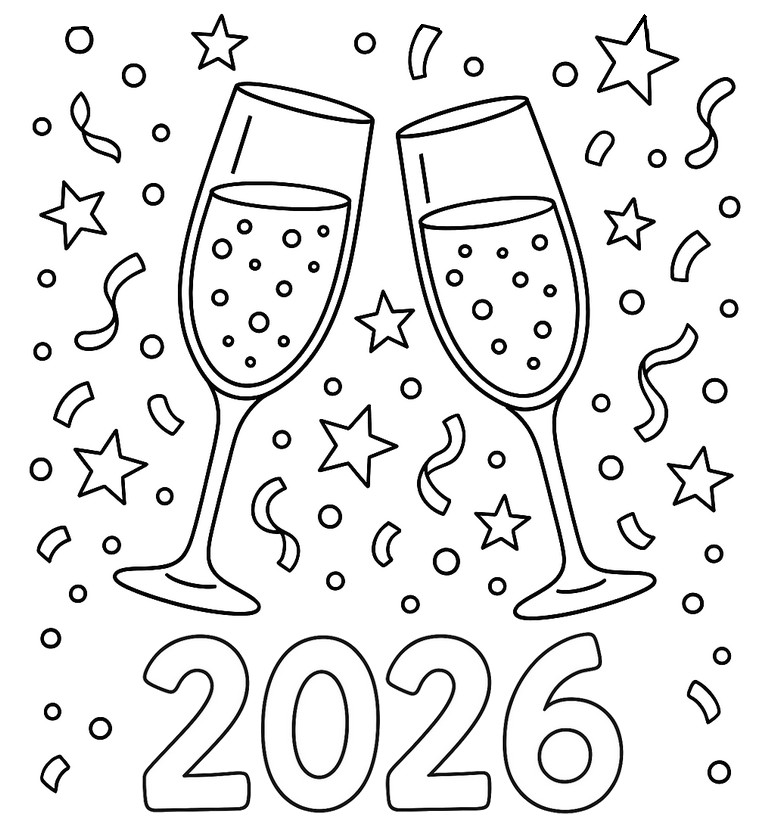 印刷用塗り絵 - シャンパングラス - 2026年明けましておめでとうございます