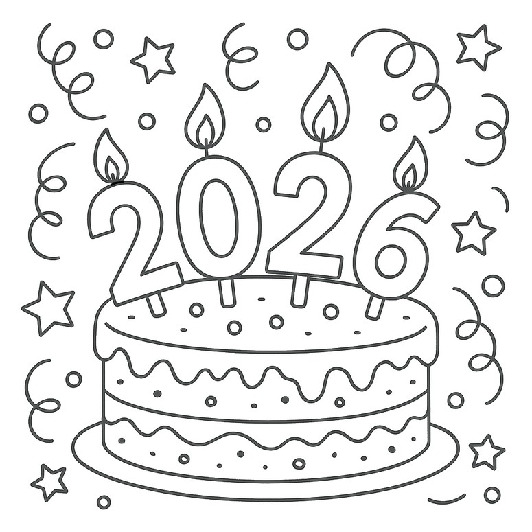 無料塗り絵 - お祝いのケーキ - 2026年明けましておめでとうございます