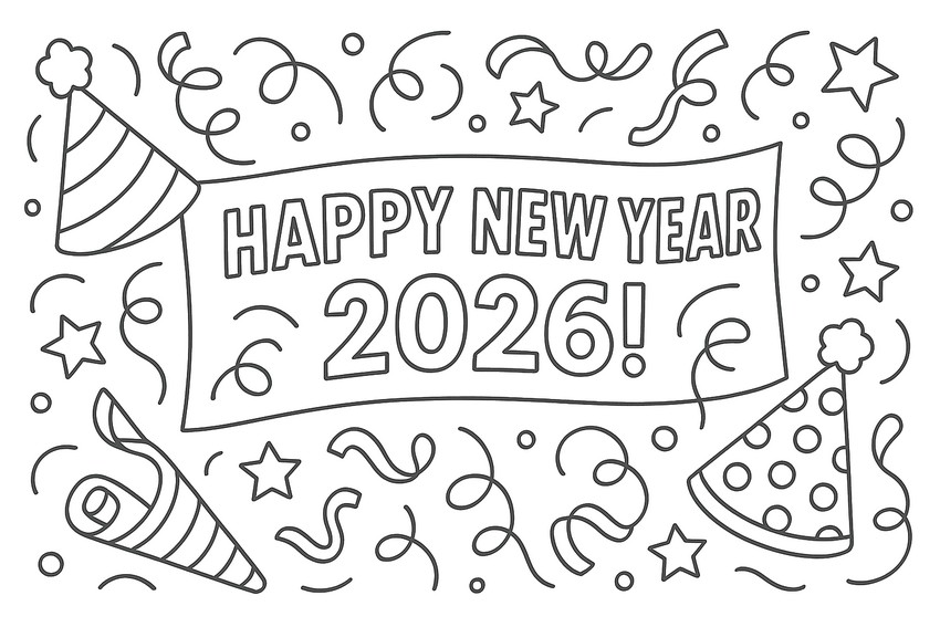 塗り絵用紙 - Happy New Year - 2026年明けましておめでとうございます