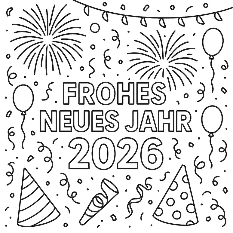 色塗り用イラスト - Frohes Neues Jahr - 2026年明けましておめでとうございます