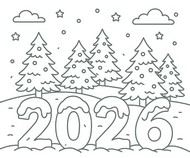 印刷用塗り絵 - 冬の風景 - 2026年明けましておめでとうございます