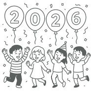 無料塗り絵 - パーティーの子供たち - 2026年明けましておめでとうございます