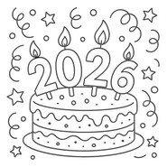 ダウンロードできる塗り絵 - お祝いのケーキ - 2026年明けましておめでとうございます