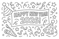 色塗り用イラスト - Happy New Year - 2026年明けましておめでとうございます