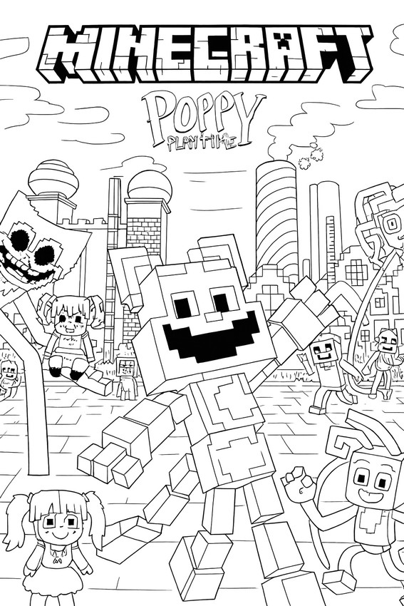 印刷用塗り絵 - ハギーワギーと仲間たち (Huggy Wuggy and Friends) - マインクラフト × ポピープレイタイム