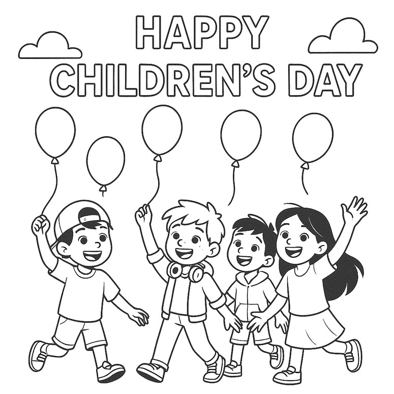 Dessin à colorier - Enfants et ballons - Journée mondiale des enfants