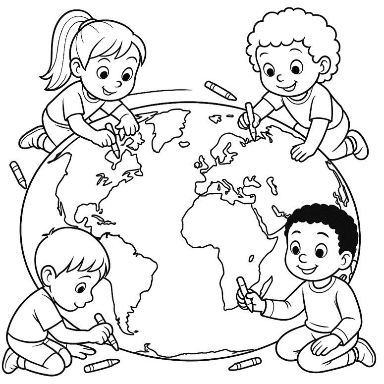 Coloriage à imprimer - Enfants dessinant la carte du monde - Journée mondiale des enfants