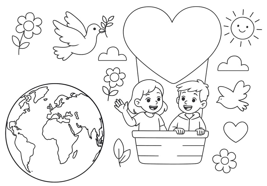 Coloriage gratuit - Montgolfière cœur au-dessus de la Terre - Journée mondiale des enfants